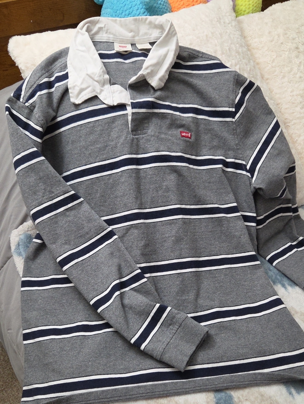 Levi's Grey and Navy Striped Rugby Polo with White Collar
